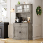 GarveeHome Kitchen Pantry Cabinet, 71 in Tall Kitchen Hutch Storage Pantry with Microwave Stand, Freestanding Buffet with Shelves and Glass Doors for Home Dining Room, Grey