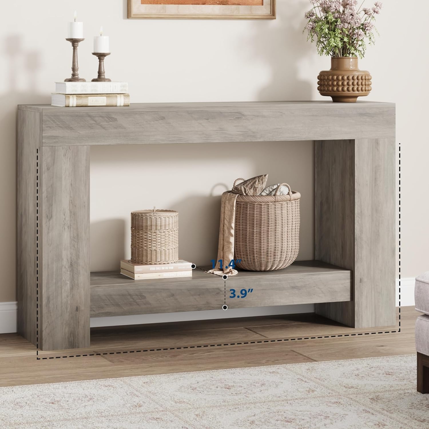 Garvee Farmhouse Console Table for Living Room, Long Console Table for Entryway, 2-Tier Large Sofa Table with Storage, Entryway Entry Table for Entrance, Hallway, Grey, 47"