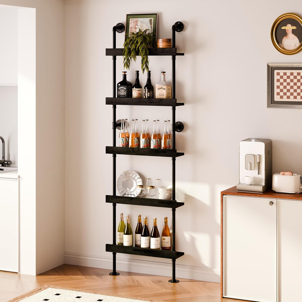 Industrial Wine Rack Wall Mounted, Industrial Pipe Bar Shelf for Wine Display, 5-Tier Rustic Hanging Organizer for Wine Bottle Storage in Kitchen, Bar, Pub, Cellar(Black, 24 Inch)