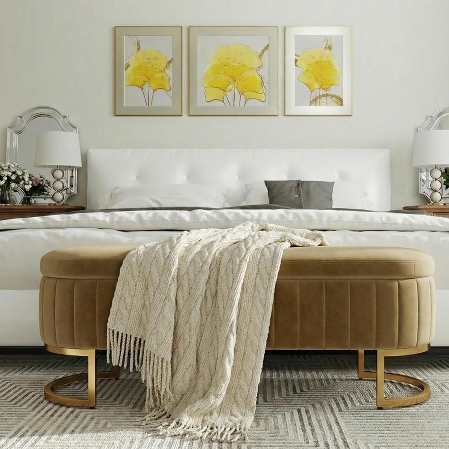 51 Inch Storage Ottoman Bench Velvet End of Bed Storage Bench King Size Upholstered Tufted Bench Large Space for Bedroom Living Room Entryway Coffee