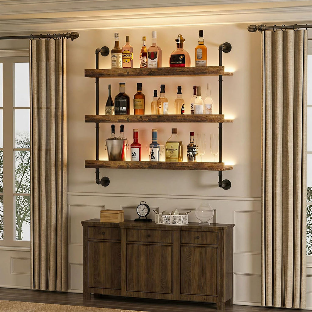 23.6“ Wall Mounted Wine Rack with LED Lights,3-Tier Floating Bar Shelf for Liquor Bottle Display & Storage,Modern Wine Shelf Organizer for Kitchen, Home Bar & Dining Room