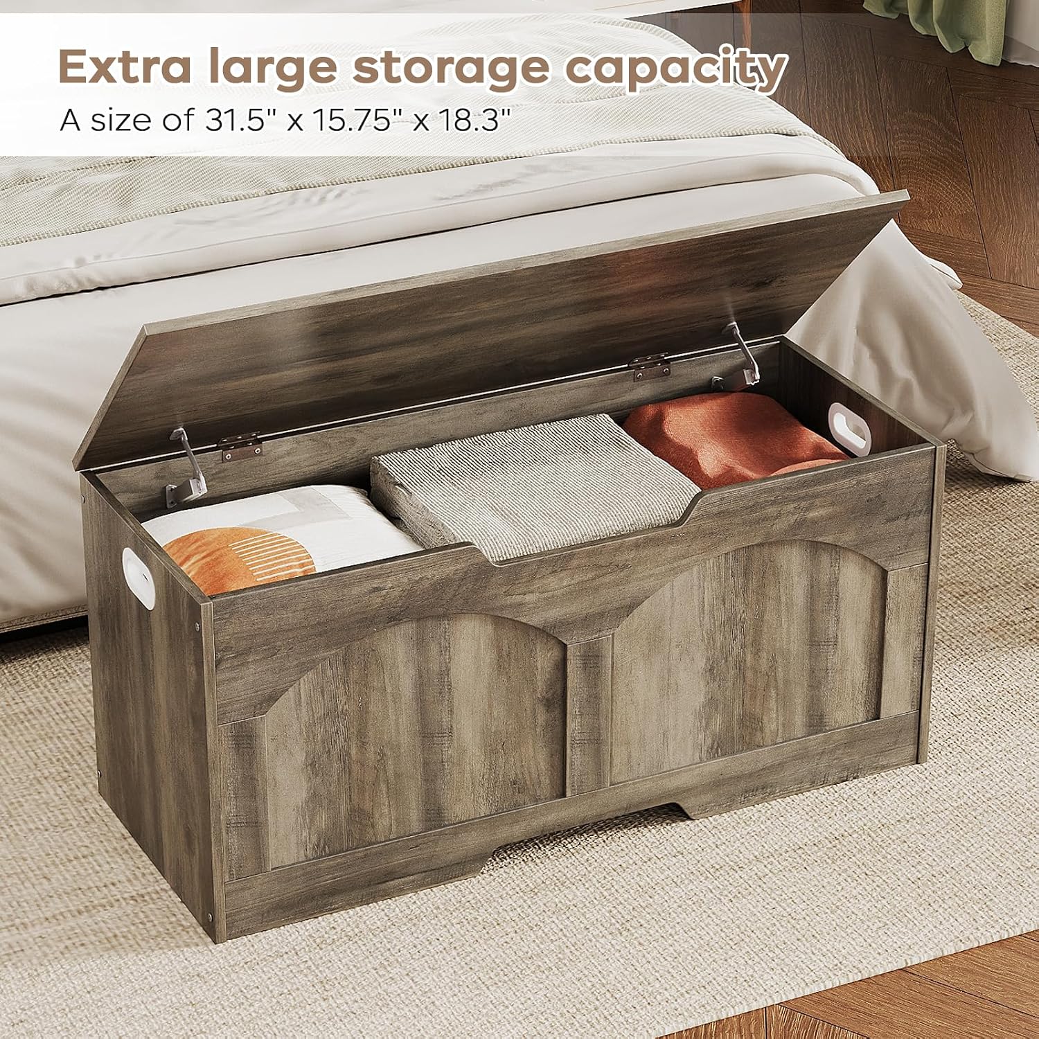 39.4" Storage Chest, Retro Storage Bench, Storage Trunk with 2 Safety Hinges, Large Entryway Bench Box, 39.4 x 15.7 x 18.3 Inches, U-Shaped Opening for Entryway Hallway Living Room, Light Greige