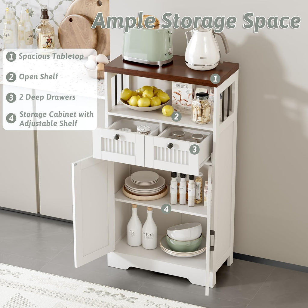 Buffet Cabinet, Fluted Sideboards with 2 Drawers and Doors, Open Compartment & Adjustable Shelf, Small Cabinet for Kitchen, Entryway, Modern White