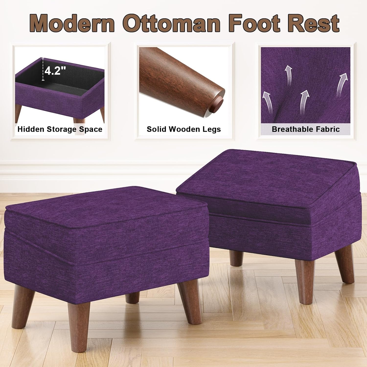FAGAGA Storage Ottoman, Small Foot Stool Ottoman with Storage, Modern Foot Rest with Adjustable Lid and Sturdy Wood Legs for Living Room, Bedroom, Couch, Enterway(Purple)