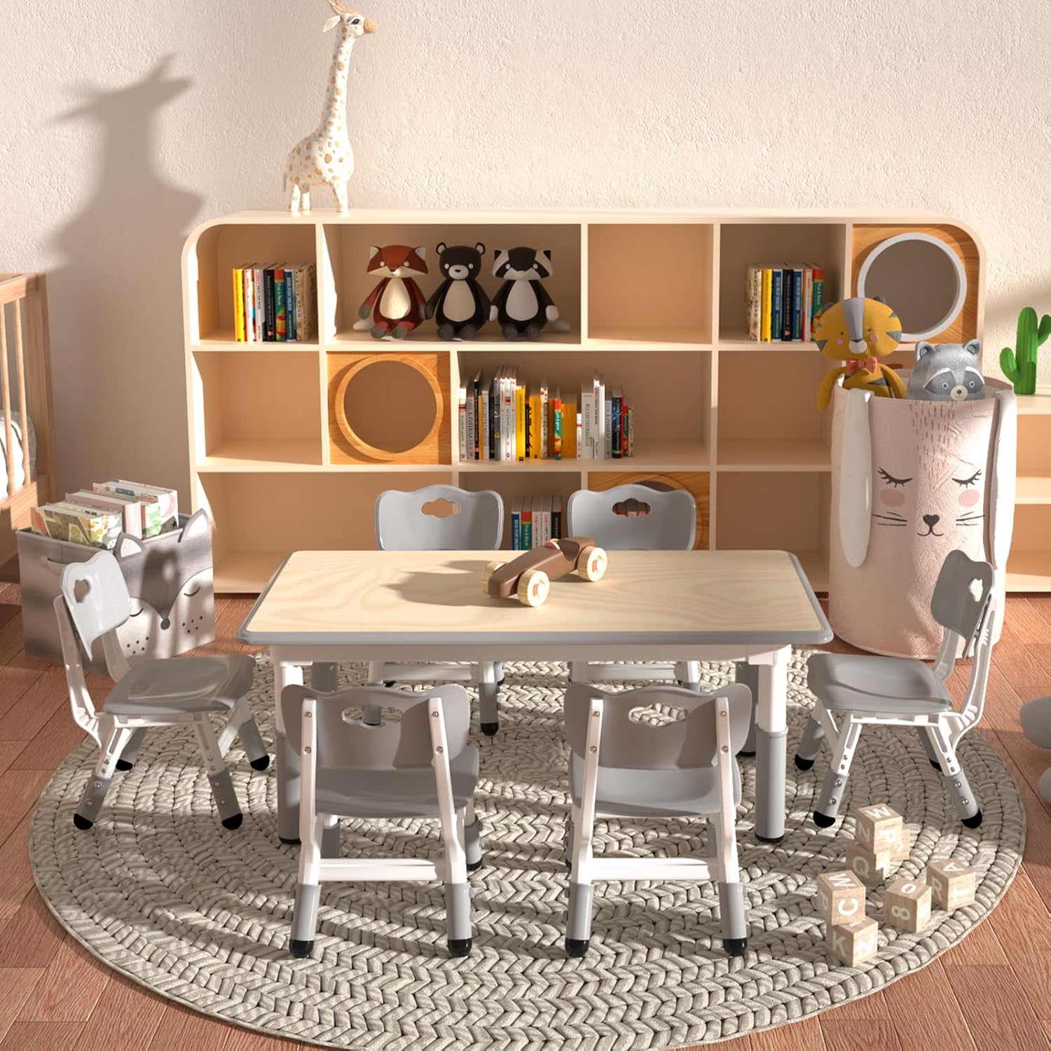 LulliSpace Kids Table and 6 Chairs Set，Height Adjustable Children Table & Chair，Toddlers Study Multi-Activity Table with 47.2"x23.6" Wipe-Clean Desktop，for Classrooms, Homes & Daycares