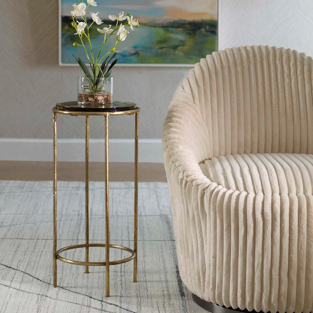 Antique Gold Textured Iron Accent Table with Recycled Glass Top Modern Round End Table Luxury Side Table for Living Room, Bedroom & Lounge Decorative Accent Furniture