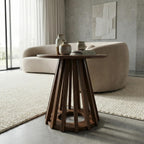 DUOMAY Modern Solid Wood Round Side Table with Geometric Base, Wood Accent End Table Center Table for Living Room, Bedroom, Lounge, Office, Walnut