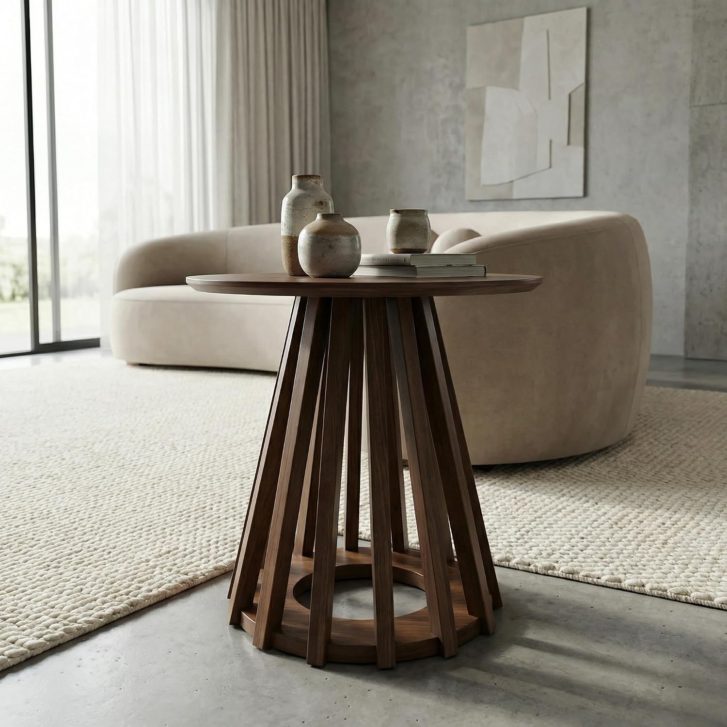 DUOMAY Modern Solid Wood Round Side Table with Geometric Base, Wood Accent End Table Center Table for Living Room, Bedroom, Lounge, Office, Walnut