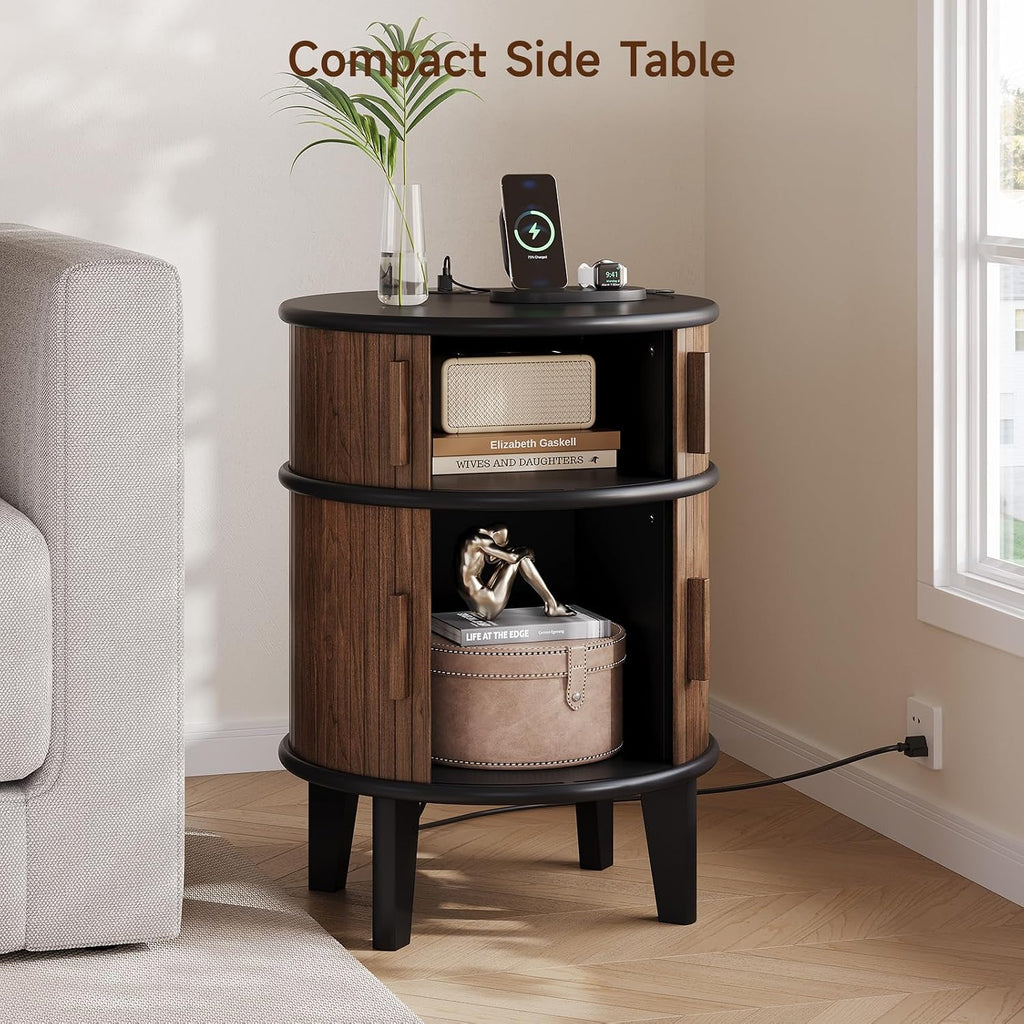 ONBRILL Fluted Round End Table with Storage, Mid-Century Modern Side Table with Charging Station, Small Wood Nightstand Bedside Table for Small Space Sofa Couch Bedroom Living Room (Walnut)