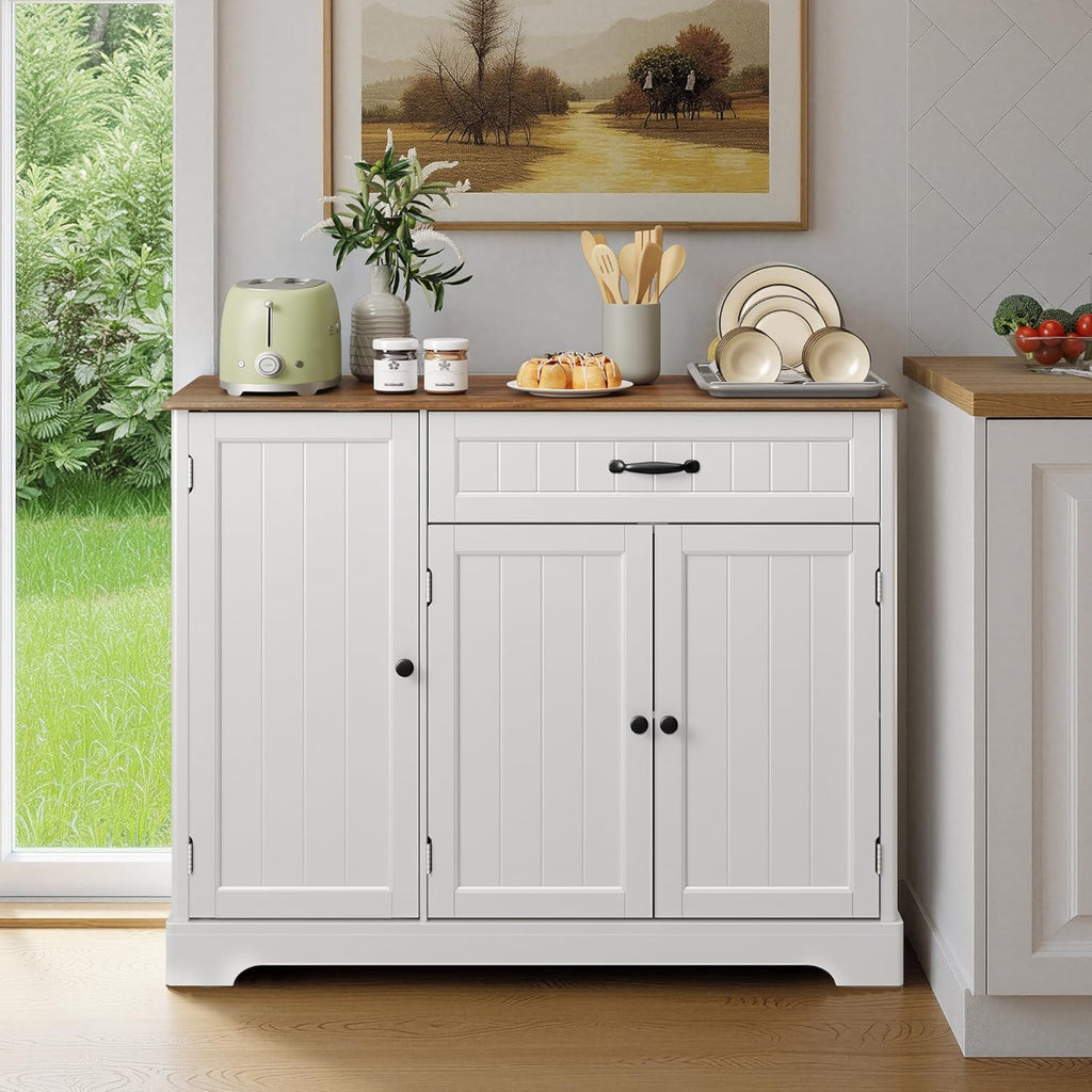 Ahomly Buffet Cabinet, Coffee Bar, Sideboard Cabinet with Internal Storage Shelf for Dining Room, Kitchen, Living Room, Kitchen and Laundry Room,White and Rustic