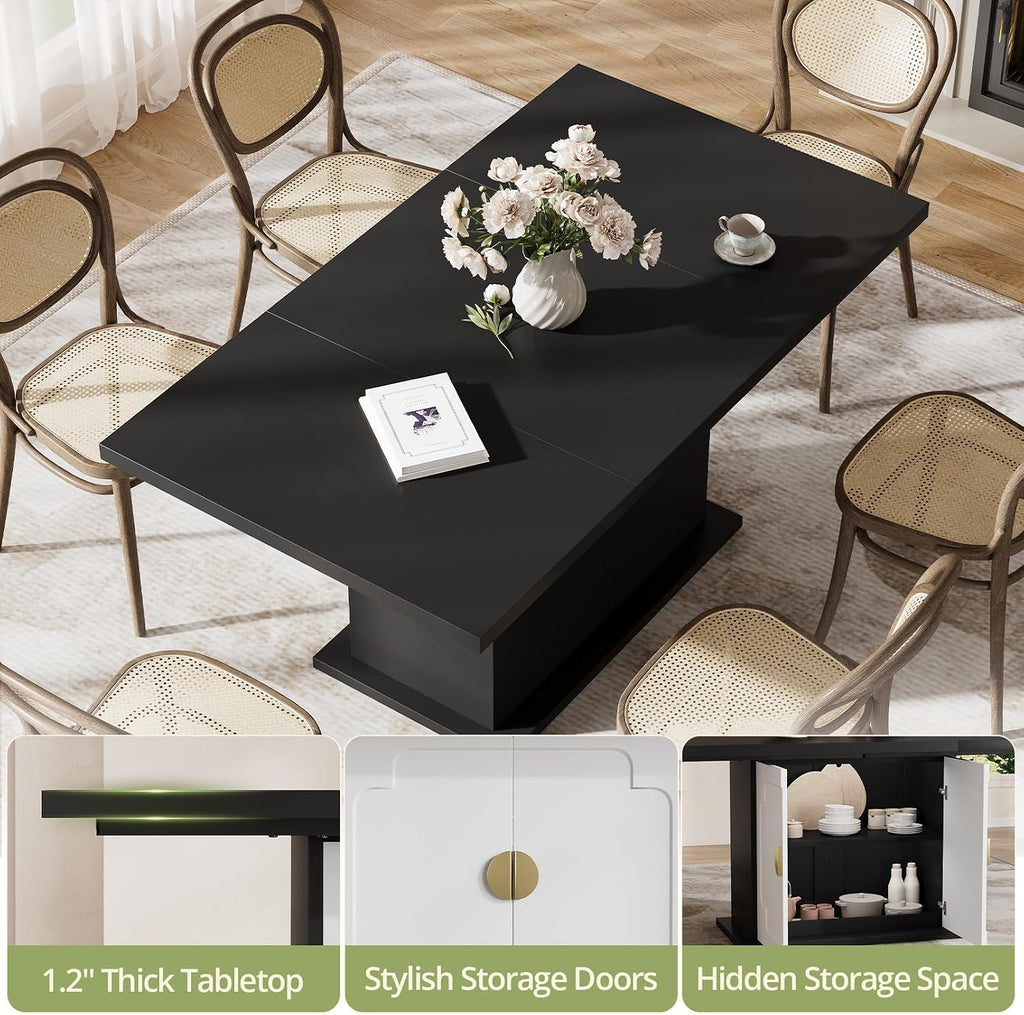 63 Inch Rectangular Dining Table with Hidden Storage, Modern Pedestal Dining Table for 4–6 People, Space-Saving Kitchen & Dining Room Table, MDF, Black