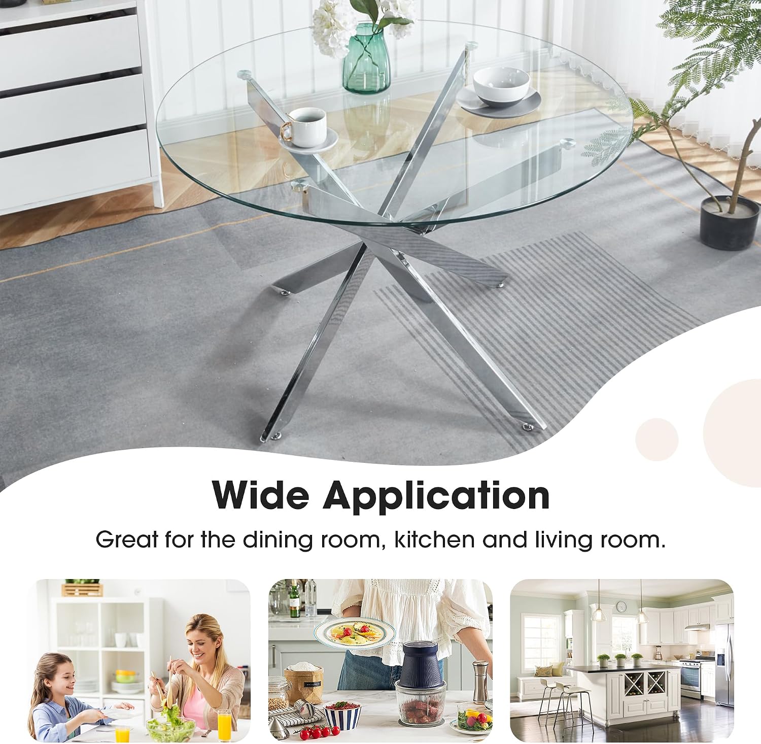 Round Glass Dining Table Set for 4, Small Kitchen Table Set for 4, 47" Round Glass Table and Chairs Set of 4, 5 Piece Round Dining Room Table Set with Beige Velvet Chairs for Breakfast Dinette Cafe