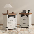 AMERLIFE Farmhouse End Table Set of 2, 18" Wood Nightstands with Charging Station and 2 Drawers, Heavy Duty Bedside Tables for Bedroom or Living Room, Antique White