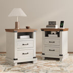 AMERLIFE Farmhouse End Table Set of 2, 18" Wood Nightstands with Charging Station and 2 Drawers, Heavy Duty Bedside Tables for Bedroom or Living Room, Antique White
