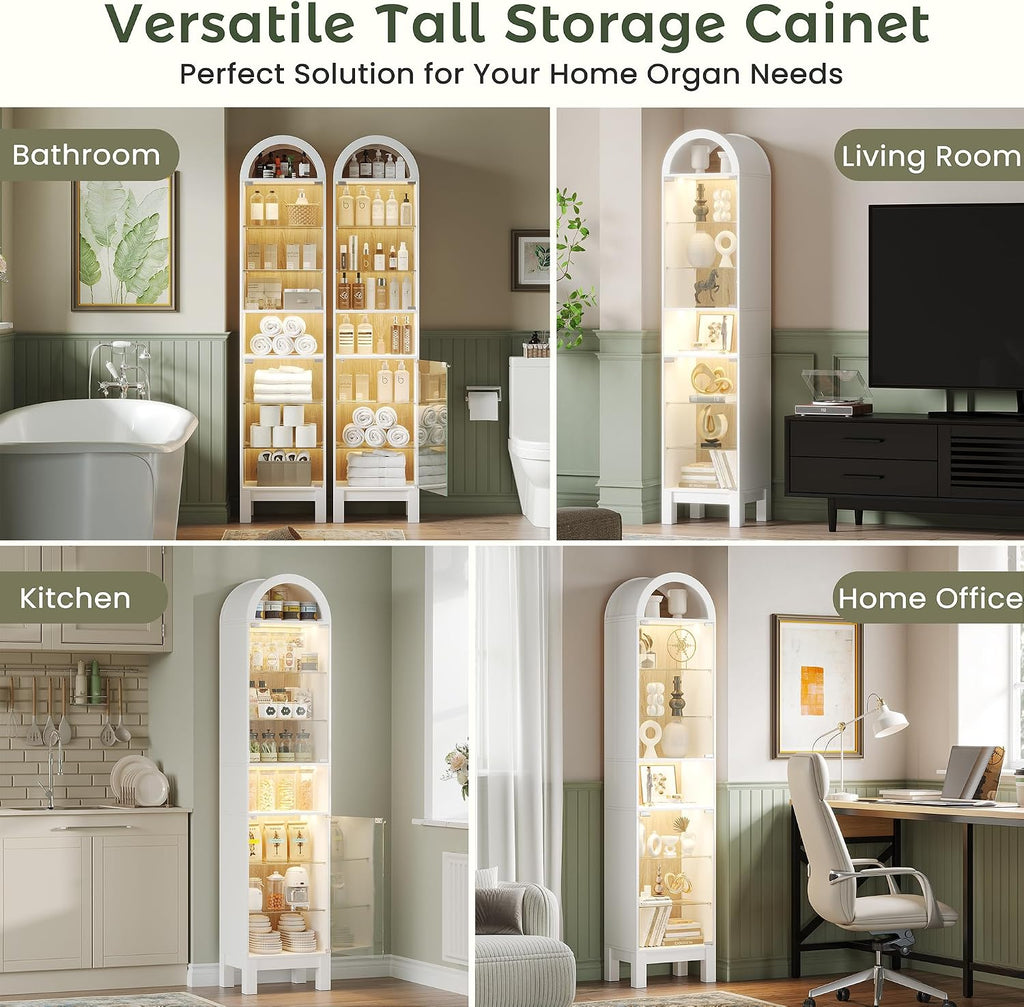 71" H Narrow Arched Display Cabinet with Glass Doors & 8-Tier Shelves, Slim Curio Cabinets with LED Lights for Collectibles/Perfume, Tall Storage Cabinets for Corner, Small Space (White)