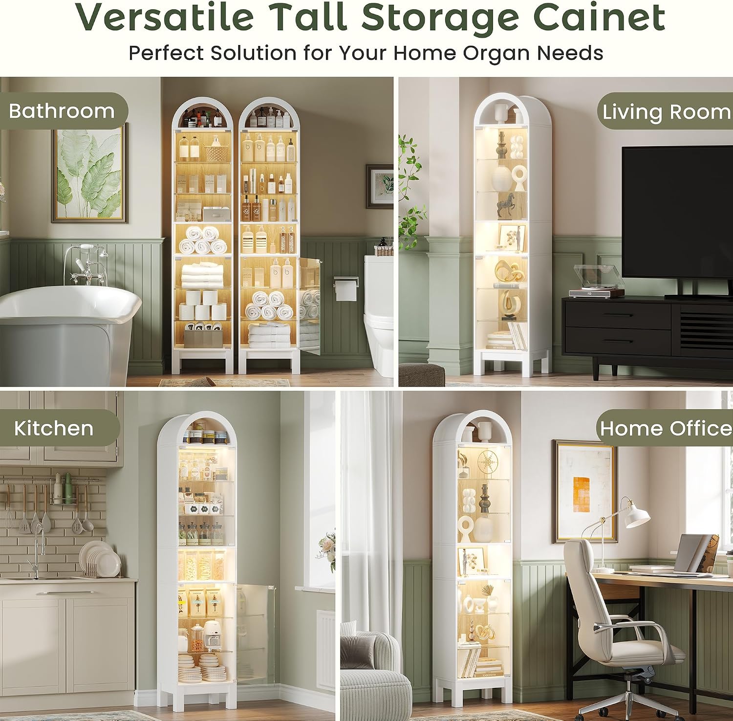 71" H Narrow Arched Display Cabinet with Glass Doors & 8-Tier Shelves, Slim Curio Cabinets with LED Lights for Collectibles/Perfume, Tall Storage Cabinets for Corner, Small Space (White)