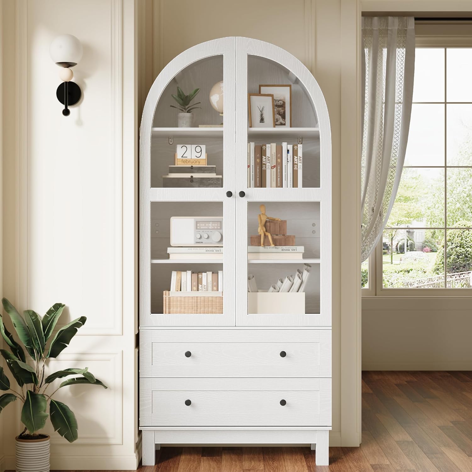 Furnify 71" Tall Arched Kitchen Pantry, Wood Pantry Cabinet with 2 Large Drawers and Glass Doors, Modern Farmhouse Versatile Cupboard for Kitchen, Dining Room, White