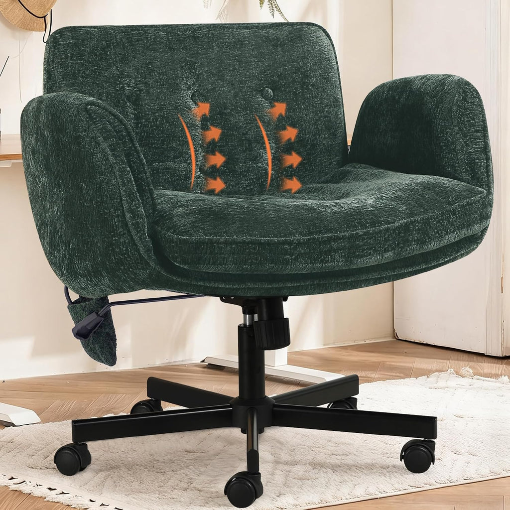 Criss Cross Chair with Lumbar Airbag & Folding Arms Relieve Back Pain, Wide Cross Legged Office Chair for Home Office, Comfy Swivel Desk Chair with Wheels, 5 Level Adjustable Armrest, Chenille(Green)