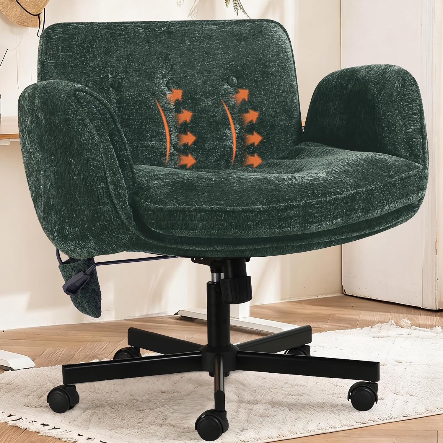 Criss Cross Chair with Lumbar Airbag & Folding Arms Relieve Back Pain, Wide Cross Legged Office Chair for Home Office, Comfy Swivel Desk Chair with Wheels, 5 Level Adjustable Armrest, Chenille(Green)