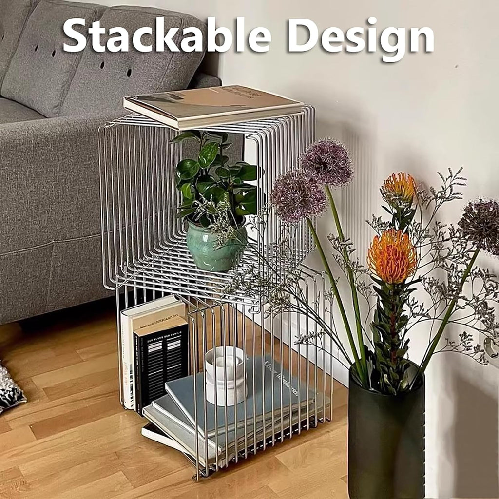 Modern Square Stainless Steel Side Table,Retro Geometry Metal End Table,Stackable Wire Cube Storage Rack for Living Room,Office,Bedroom Nightstand