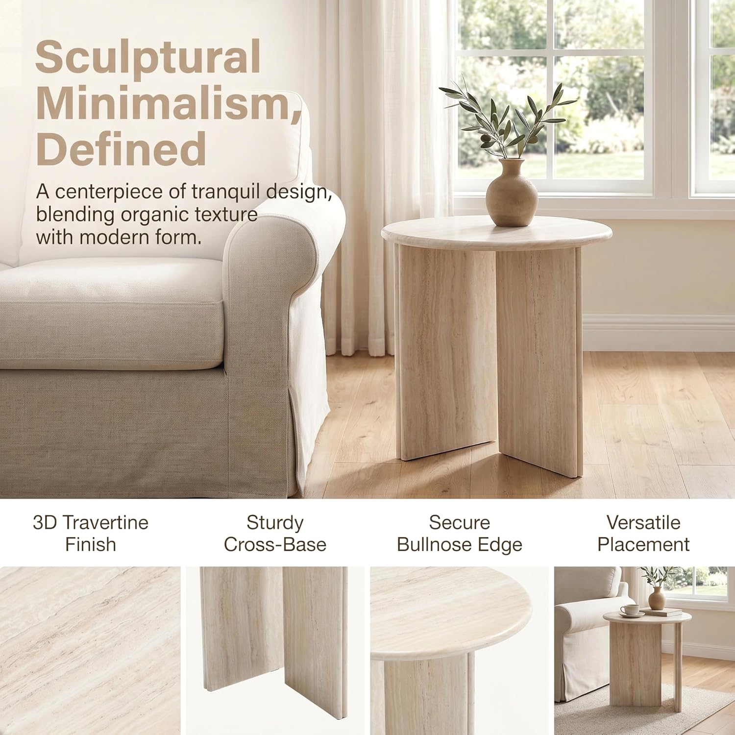 HNY Small Round Side Table Marble Veneer Wood Bedside Table 18" Modern End Table Faux Travertine Finish Accent Table for Living Room, Bedroom, Sofa Side, Reception Room, Luxury Minimalist, Beige