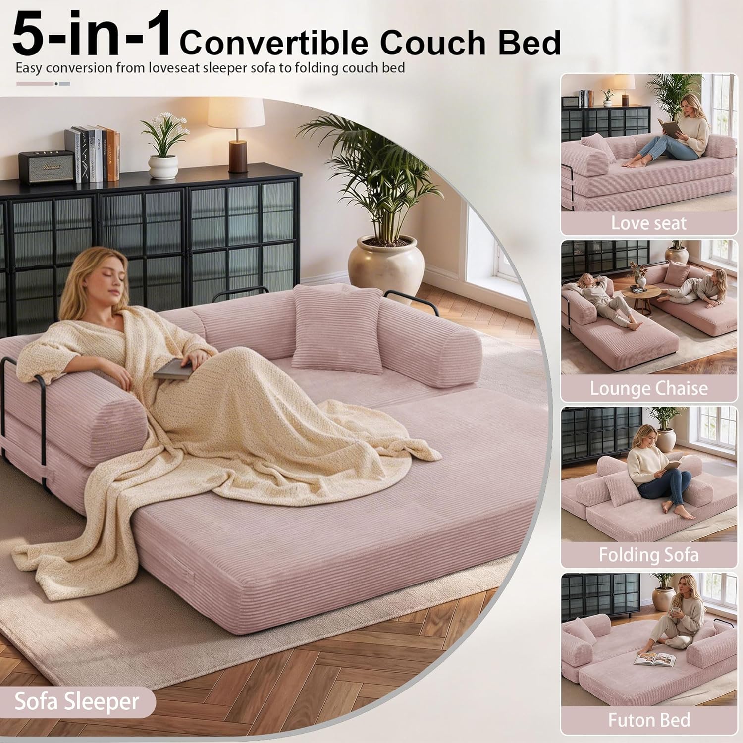JJJ 63 inch Sofa Bed 4-in-1 Boneless Convertible Corduroy Sleeper Folding Couch with Fixed-Shape Frame and 2 Futons No Assemble Required 3 Seater Upholstered for Living Room (Pink, 63 inch)