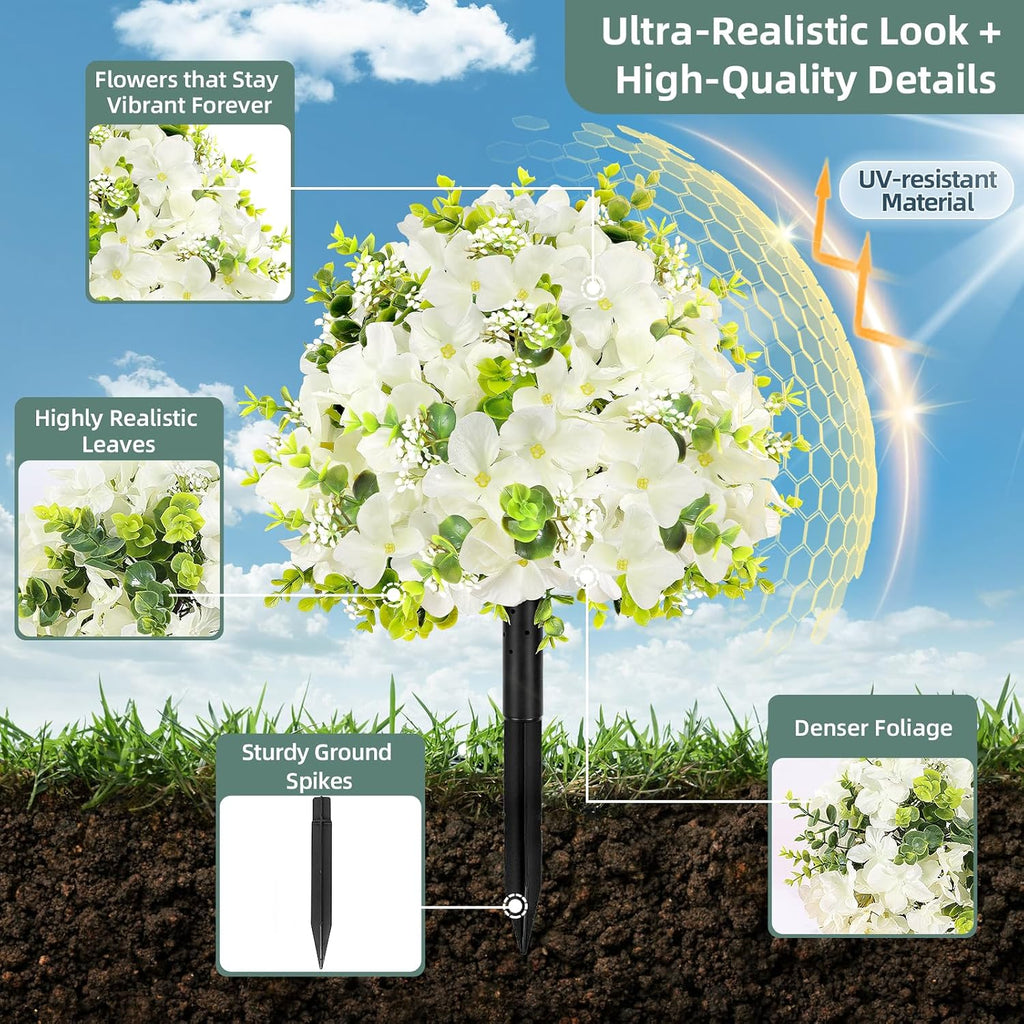 2 Pack Artificial Flowers Topiary Ball Tree, 21.7" Fake Plants with Ground Spike, UV-Resistant Faux Boxwood Shrub, Realistic Evergreen Bushes for Indoor/Outdoor Front Porch & Garden Decor (White)