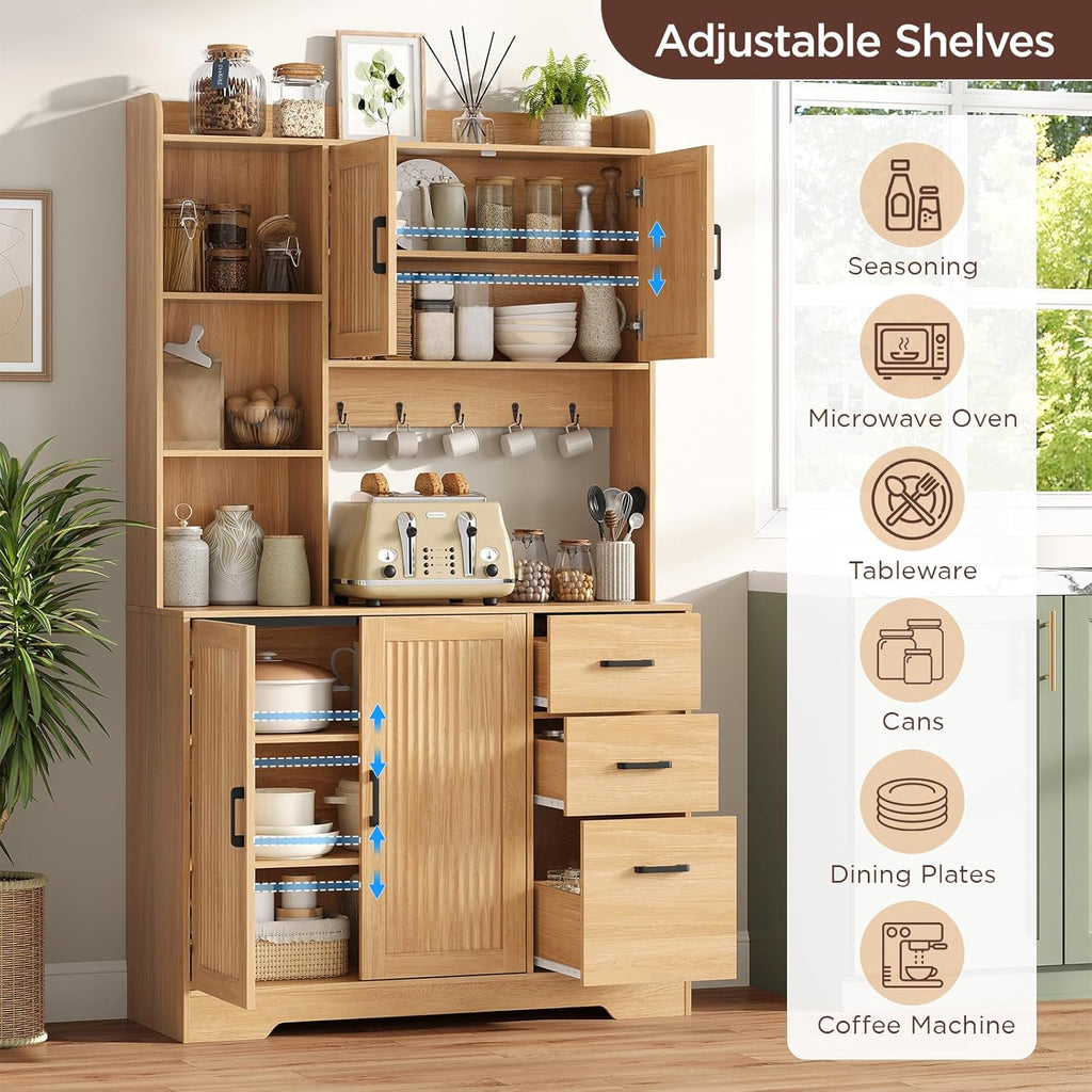 Kitchen Pantry Cabinet with Charging Station, 68" Tall Storage Cabinet with 3 Drawers, 2 Cabinets, Open Shelves, Fluted Doors, Wood Kitchen Hutch with Microwave Stand for Dining Room Living Room