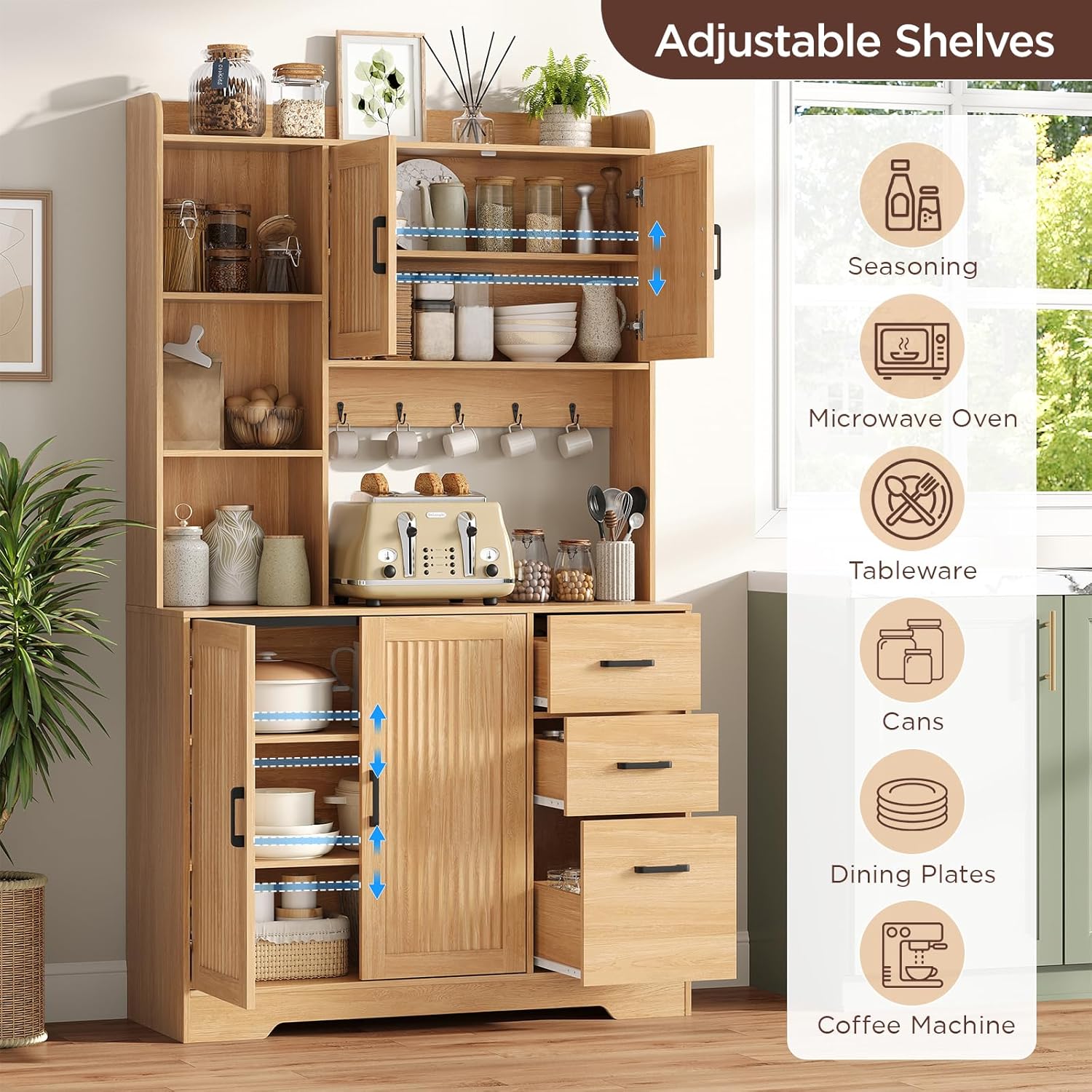 Kitchen Pantry Cabinet with Charging Station, 68" Tall Storage Cabinet with 3 Drawers, 2 Cabinets, Open Shelves, Fluted Doors, Wood Kitchen Hutch with Microwave Stand for Dining Room Living Room