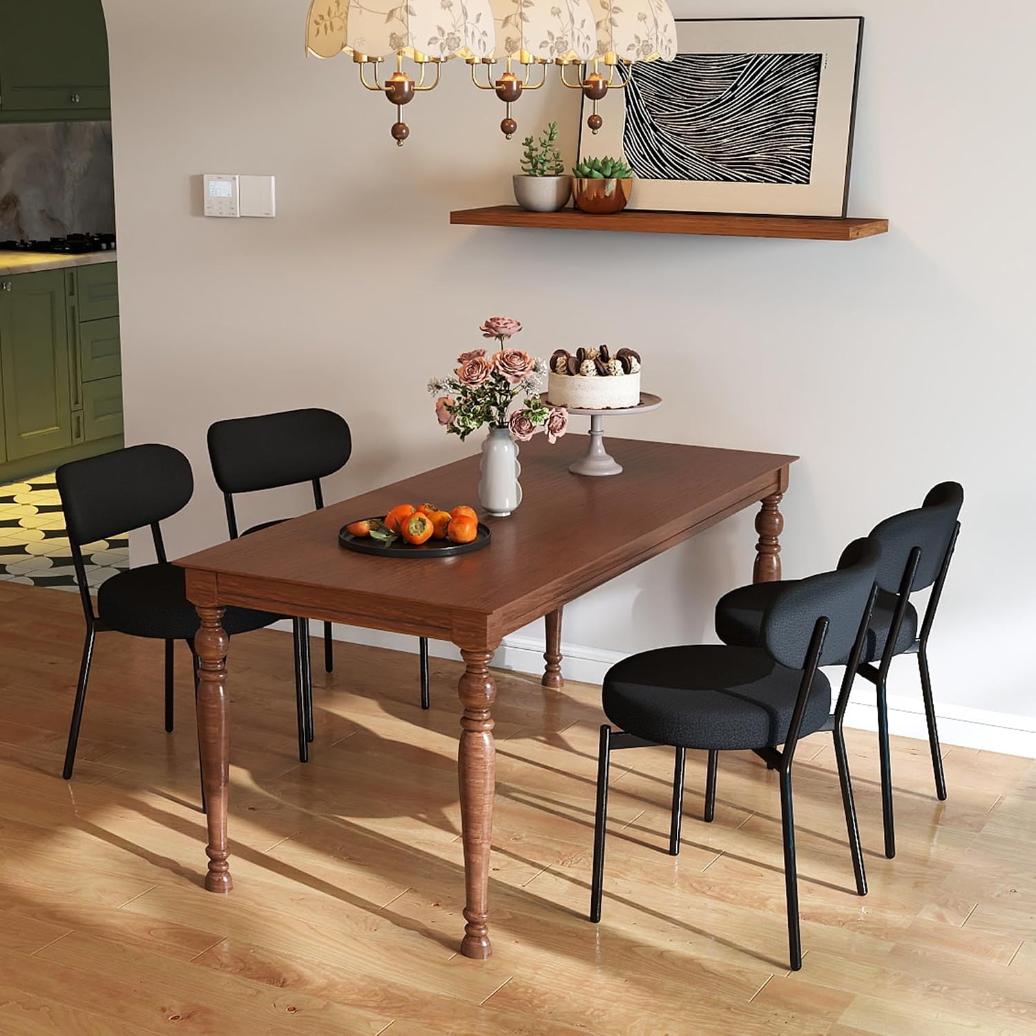 KROFEM Set of 4 Boucle Fabric Dining Chairs, Mid-Century Style Comfort Sponge Filled Seat Back Dining Room Chairs for Kitchen Dining Table，Black