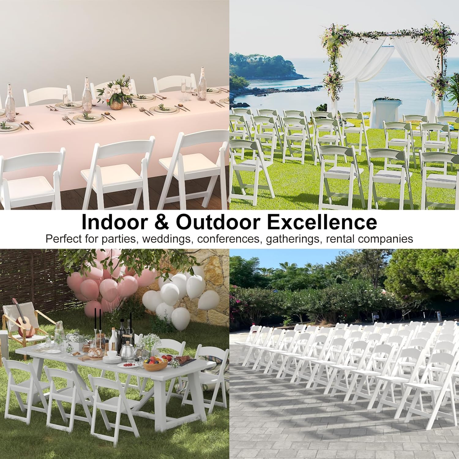 60 Pack Resin Folding Chairs with Cushion - White Folding Chairs, Lightweight Plastic Chairs, Comfortable Foldable Chairs for Wedding, Party, Home, Event, Indoor/Outdoor Use, 600lbs Capacity