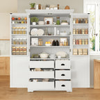 72''H Farmhouse Kitchen Pantry Cabinet, Freestanding Kitchen Pantry with Door Shelves, Adjustable Shelves, and 6 Drawers, Large Cupboard for Dining Room Living Room, White