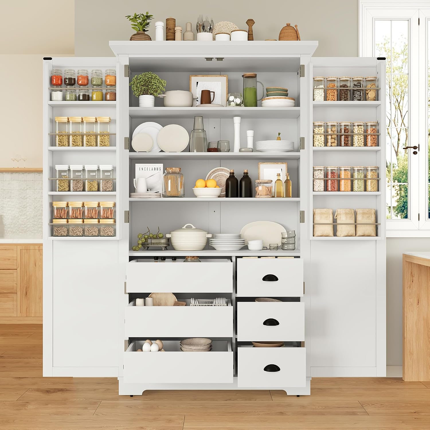 Shaker Style Kitchen Pantry with Drawers, Freestanding Storage Cupboard with Door Shelves, Adjustable Shelves and Pull-Out Trays,for Dining Room (White-B)