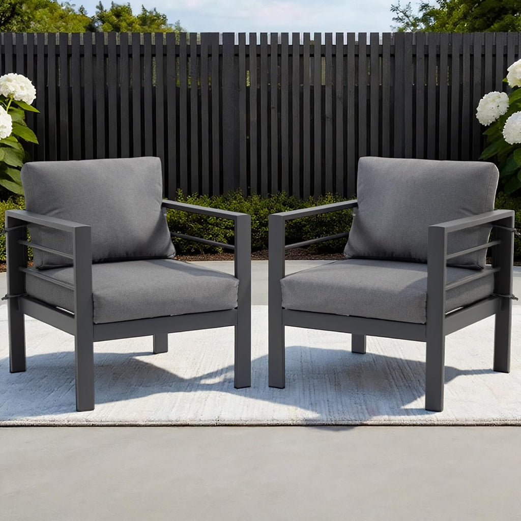 Modern Outdoor Patio Armchair Set of 2, Heavy Duty Metal Frame with Wide Armrests, Thick Waterproof Removable Cushions, 330lbs Capacity for Garden Backyard Porch, Grey