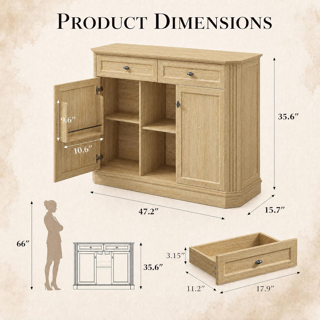 Natural Oak Coffee Bar with 2 Drawers & 2 Doors, LED Wine Bar Cabinet with Wine Glasses, Coffee Station with Built-in Outlets, Buffet Cabinet Sideboard with Extra Storage for Living Room Kitchen