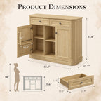 Natural Oak Coffee Bar with 2 Drawers & 2 Doors, LED Wine Bar Cabinet with Wine Glasses, Coffee Station with Built-in Outlets, Buffet Cabinet Sideboard with Extra Storage for Living Room Kitchen