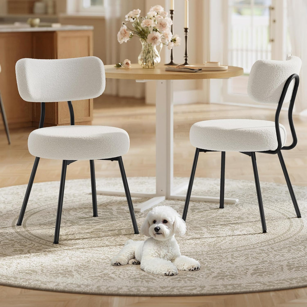 VASAGLE Boucle Dining Chairs Set of 2, Upholstered Kitchen Dining Room Chairs with Curved Backrest and Steel Frame, Modern Mid Century, Round, for Vanity, Living Room, Cream White UKDC110W01