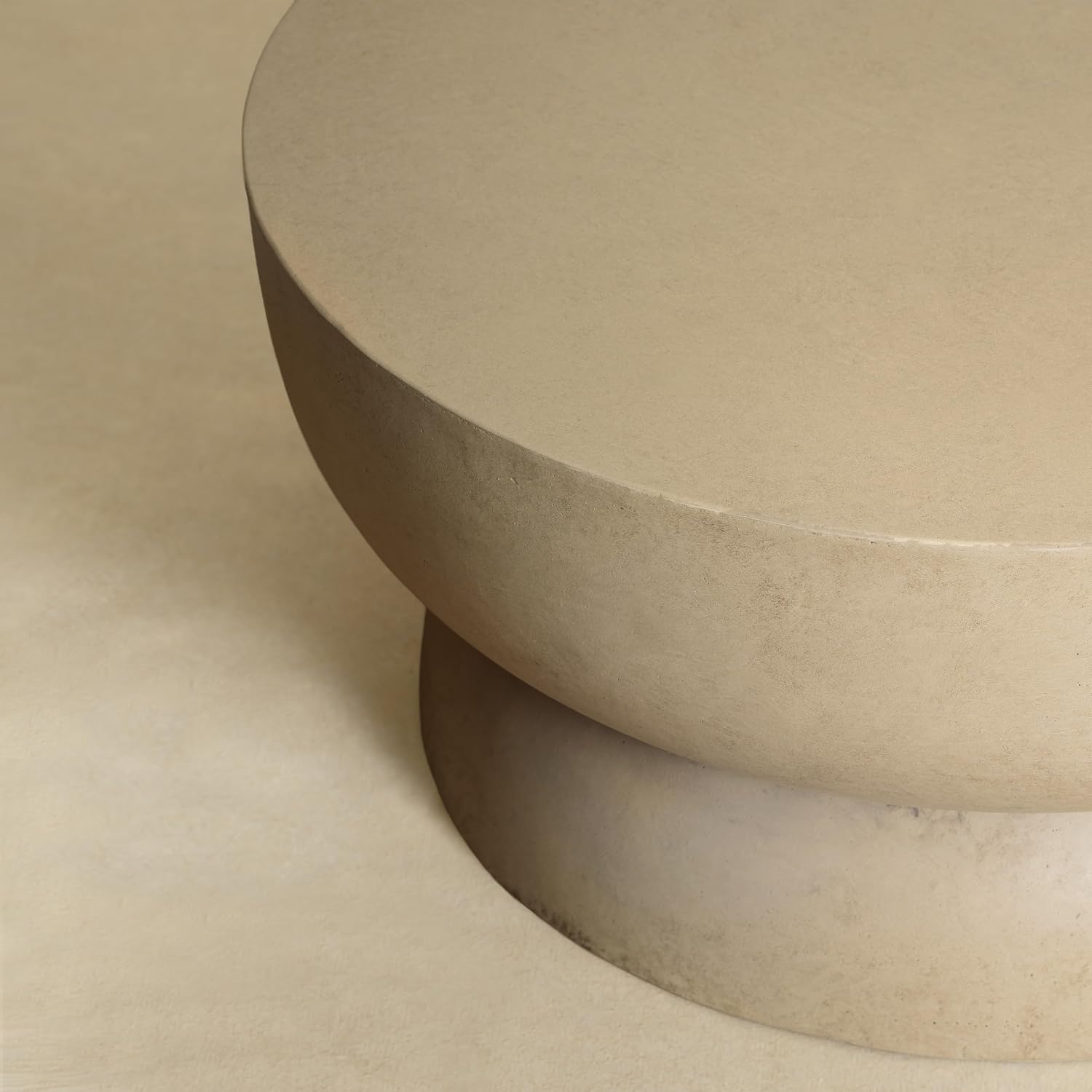Round End Table, Modern Concrete Side Table with Sculptural Pedestal Base, Low Profile Accent Table for Living Room Bedroom Patio, 23.8" Beige
