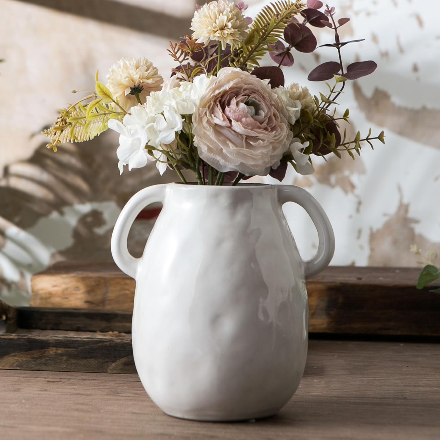 White Ceramic Vase with 2 Handles for Modern Farmhouse Home Decor, Vintage Rustic Decorative Vases, Small Vase for Fresh and Dried Flowers, Centerpiece Table Decorations, 7 Inch