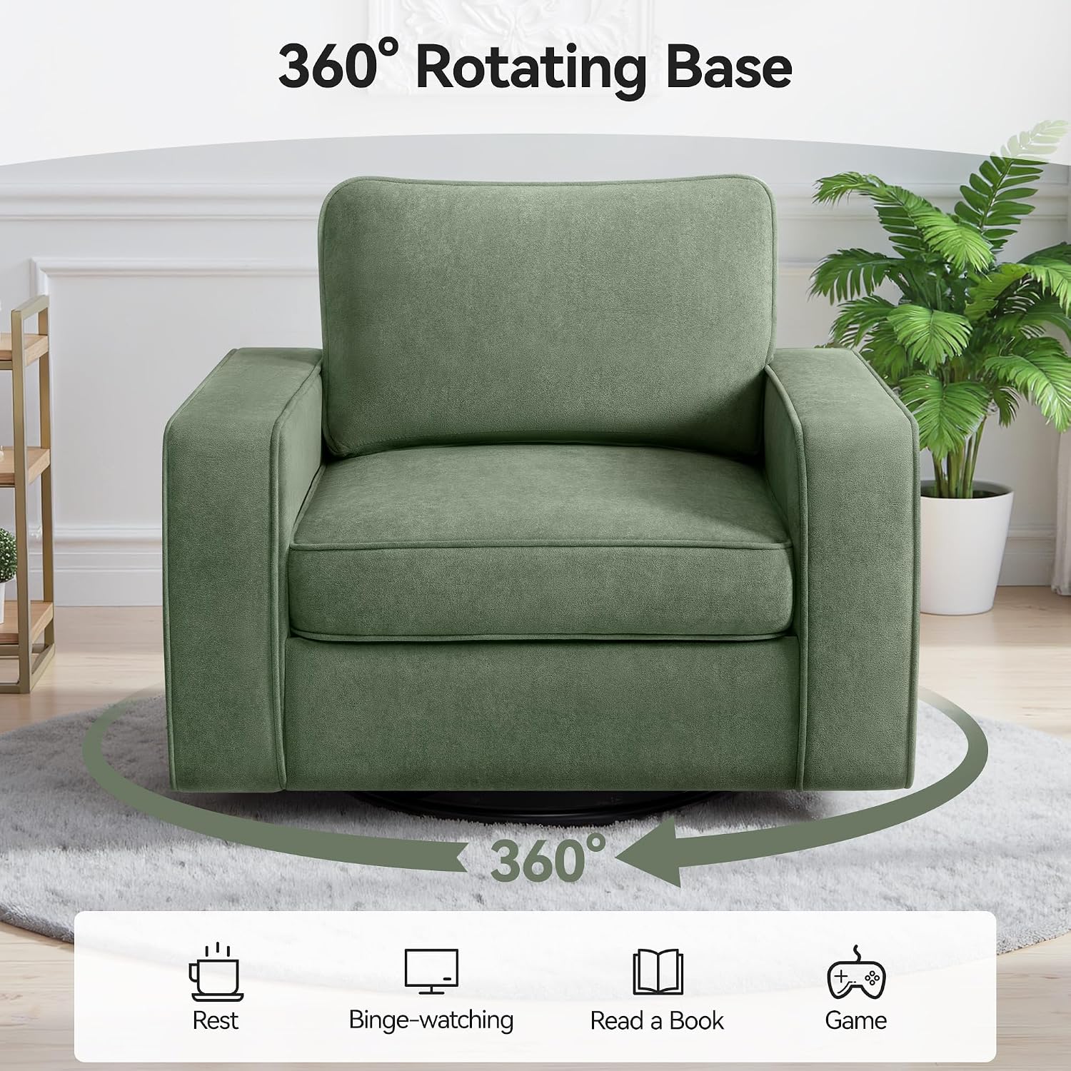 36.2" Wide Swivel Accent Chair - 360° Rotation Upholstered Modern Design Comfortable Cushioned Seating, Pillowback Glider Rocking Chair for Living Room, Bedroom, Nursery and Reading Nook, Olive Green