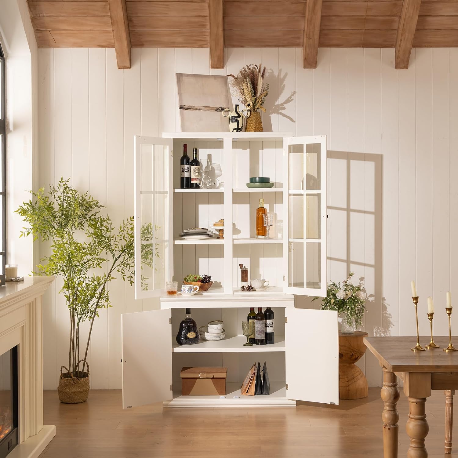 roomfitters Set of Two 75.25'' Pantry Cabinets with Glass Doors, Traditional Hutch Display Cabinet for Living Room and Kitchen, White