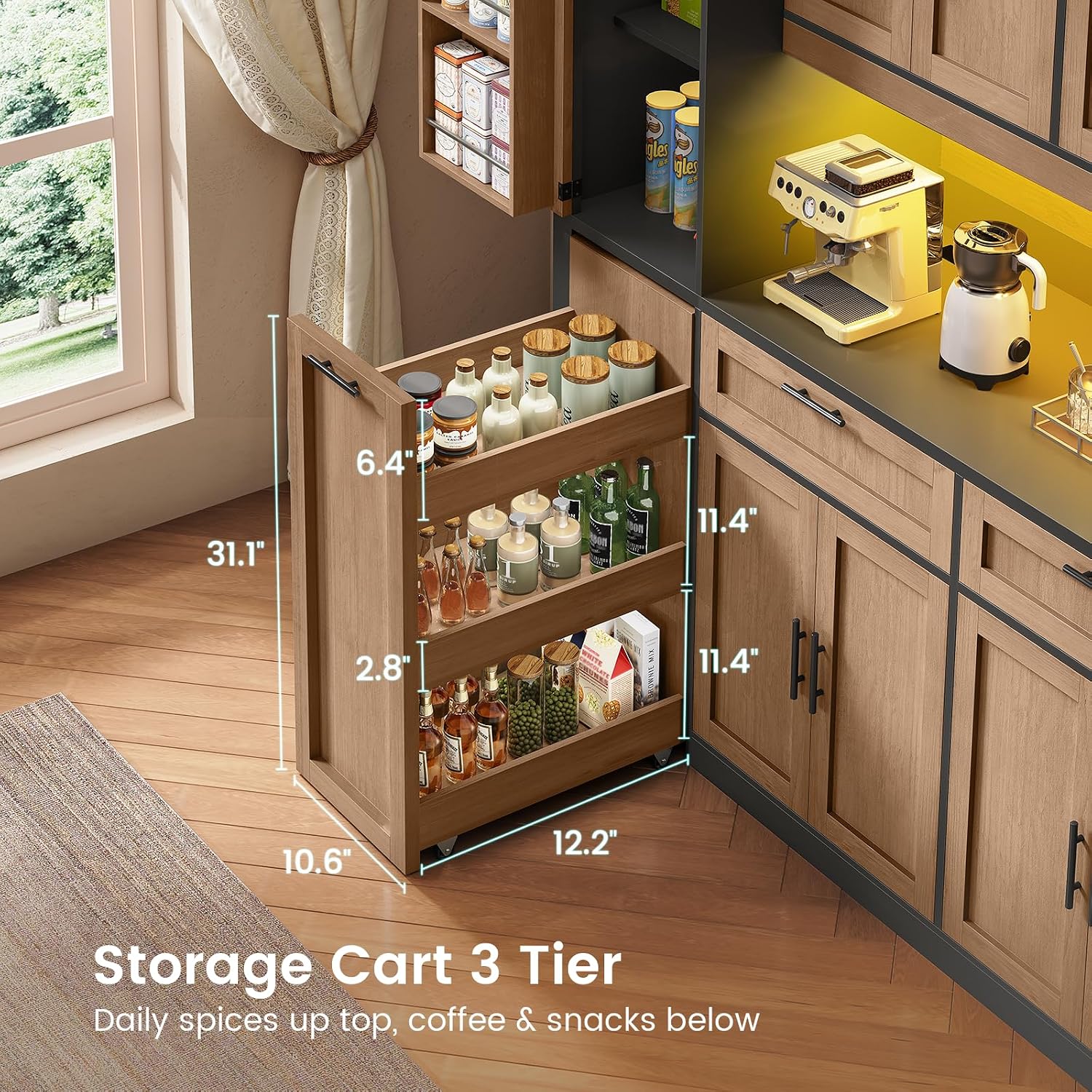 Itaar 71" Kitchen Pantry Cabinet with Charging Station and Led Light, Kitchen Storage Cabinets with Microwave Stand, 59" Wide Pantry Storage Cabinet with Storage Cart 3 Tier for Dining Room, Brown