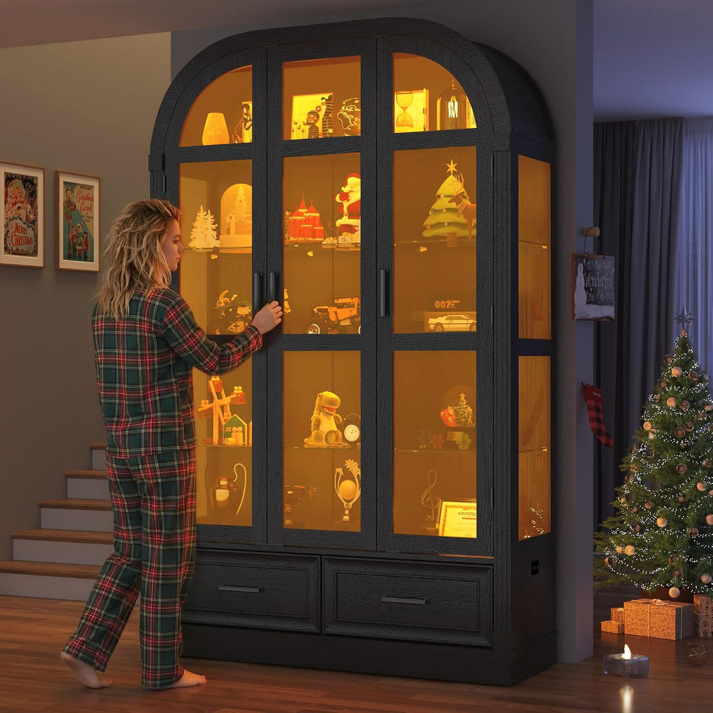 Arched Display Cabinet with 3 Glass Doors,5-Tier Curio Cabinet W/3 Color Lights for Collectibles,78'' Tall Curio Cabinet W/2 Drawers,Modern Display Case W/Human Body Sensor Light for Living/Game Room