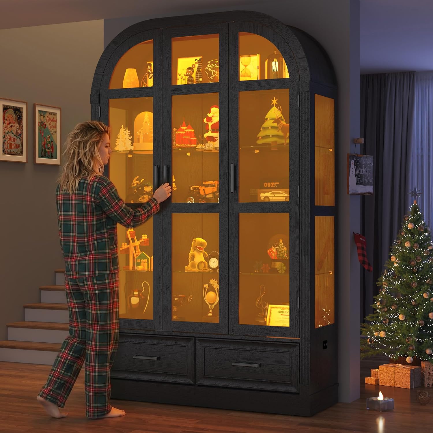 Arched Display Cabinet with 3 Glass Doors,5-Tier Curio Cabinet W/3 Color Lights for Collectibles,78'' Tall Curio Cabinet W/2 Drawers,Modern Display Case W/Human Body Sensor Light for Living/Game Room