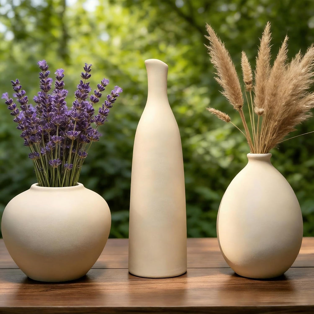 Ceramic Vase Set of 3, Neutral Rustic Farmhouse Flower Vases for Modern Home Decor, Beige Pottery for Living Room, Kitchen, Entryway Shelf & Bookshelf, Fits Flowers and Pampas Grass