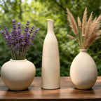Ceramic Vase Set of 3, Neutral Rustic Farmhouse Flower Vases for Modern Home Decor, Beige Pottery for Living Room, Kitchen, Entryway Shelf & Bookshelf, Fits Flowers and Pampas Grass