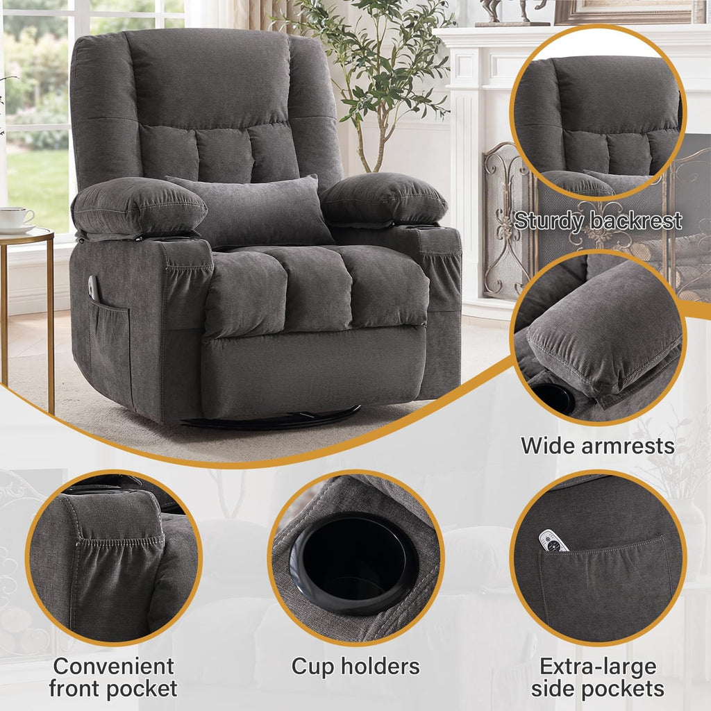 Swivel Rocker Recliner Chair with Vibration Massage and Heating Functions for Adults,Oversized Recliner Single Sofa with Side Pocket,Two Cup Holders for Living Room and Bedroom