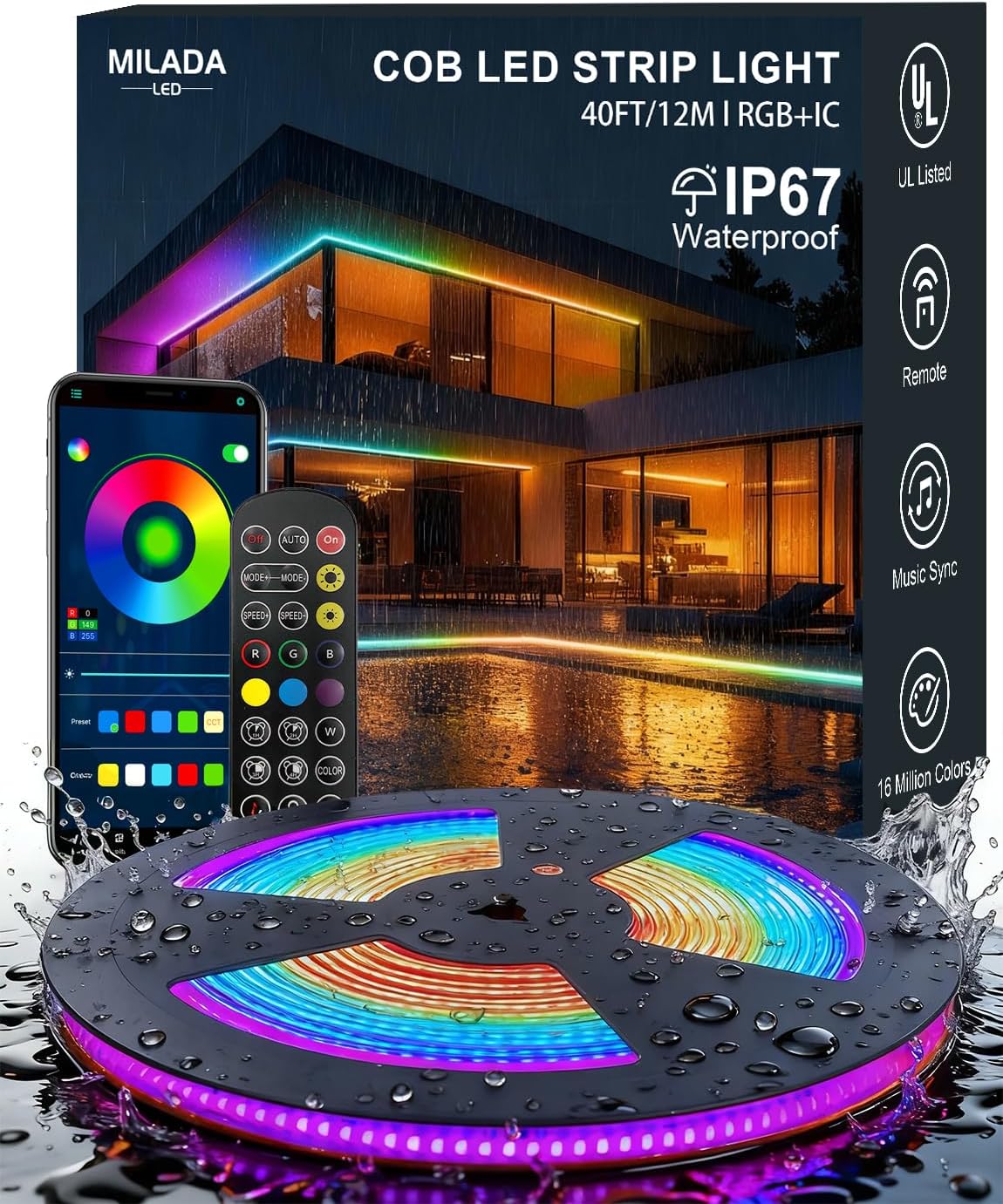 40ft COB LED Strip Lights Outdoor, COB Strips RGB Smart IC IP67 Waterproof Dimmable ,Color Flowing Tape Light with App Control & Music Sync, Dotless LED Light for Outdoor,Patio,Garden,Party Deco