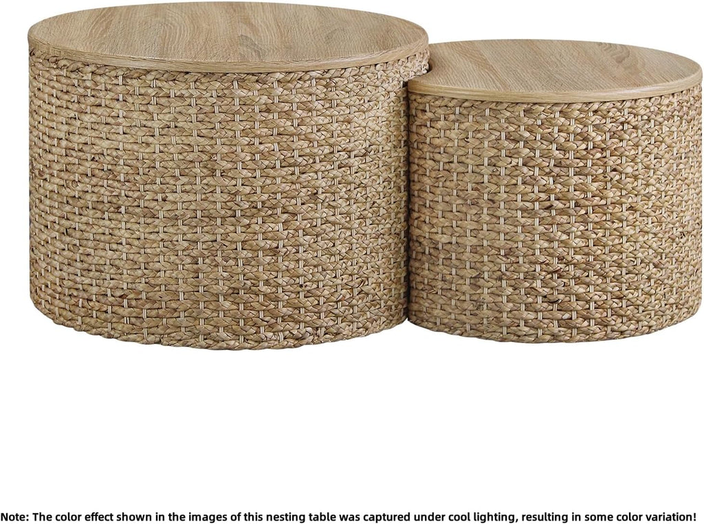 Nesting Coffee Table Set of 2, Rustic Crate and Barrel Coffee Table, Hand-Woven Woven Nesting Tables with Soild Wood Cover for Living Room, Bedroom