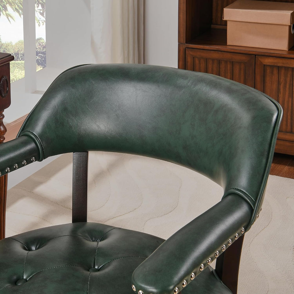 LEEMTORIG Large Dining Chairs with Casters and Arms, Rolling Dining Chairs with Wheels, Game Poker Table Chairs, Boss Caption's Chairs, 26"D x 25.2"W x 31.5"H, Espresso Legs & Green PU, XXY-1910-GN